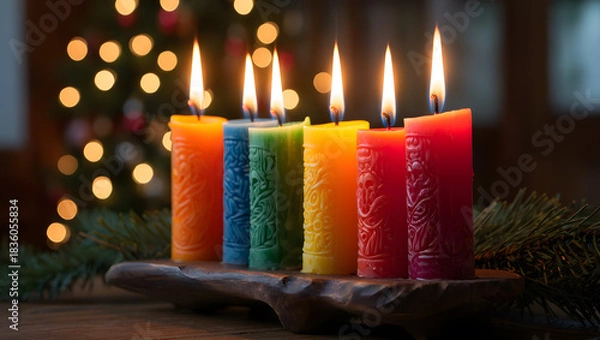Fototapeta Colorful advent candles lit on a wooden stand with festive bokeh lights
