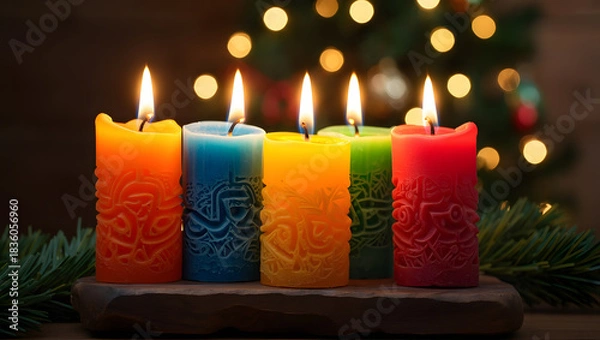 Fototapeta Five colorful lit candles on a festive background with bokeh lights