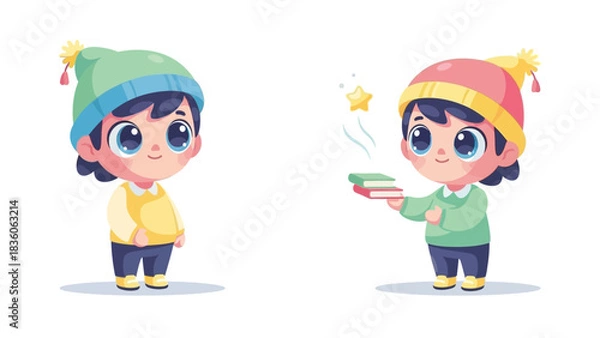 Obraz Funny cartoon vector illustration of smiling boy and girl children characters with the books