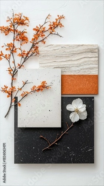 Fototapeta Autumnal Branch and Floral Elements on Textured Surfaces