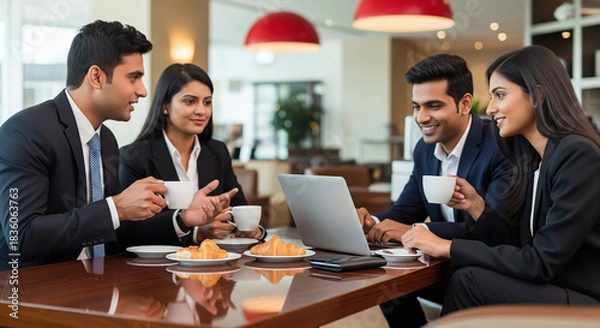 Fototapeta Four young Indian professionals enjoy coffee and croissants while discussing work around a laptop in a modern café-style meeting space.