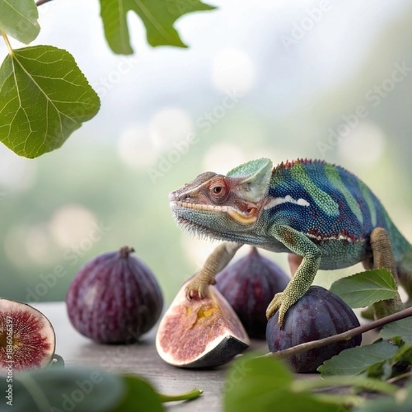 Fototapeta A colorful chameleon sitting near ripe figs with a graceful soft background
