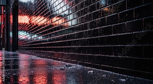 Fototapeta Moody urban scene featuring a wet brick wall reflecting neon lights on a rainy night creating a dramatic and atmospheric cityscape backdrop for creative projects