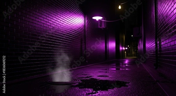 Fototapeta Moody alleyway scene bathed in vibrant purple light with wet pavement reflecting the neon glow and a mysterious fog rising from a manhole cover creating an eerie urban atmosphere