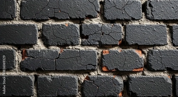 Fototapeta Close up of a dark painted brick wall with weathered texture and visible cracks creating a rustic industrial background perfect for architectural design and construction projects
