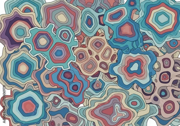 Fototapeta Abstract organic shapes in concentric layers of muted blues reds and tans