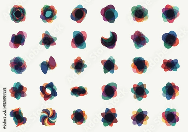 Fototapeta Array of abstract overlapping colorful translucent petallike shapes on white