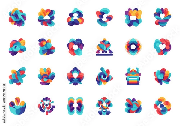 Fototapeta Grid of 28 colorful abstract layered organiclooking icons on a white background