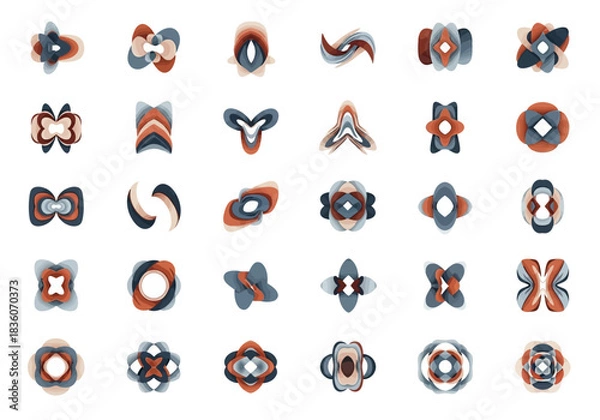 Fototapeta Grid of 35 abstract layered colorful textured graphic shapes on white