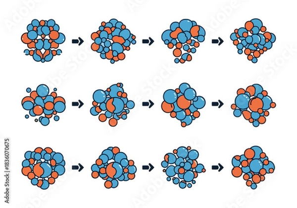 Fototapeta Three rows of sequential diagrams illustrating changes in arrangements of blue and orange circles