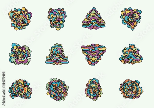 Fototapeta Twelve abstract colorful layered organic blob shapes arranged in a 3x4 grid