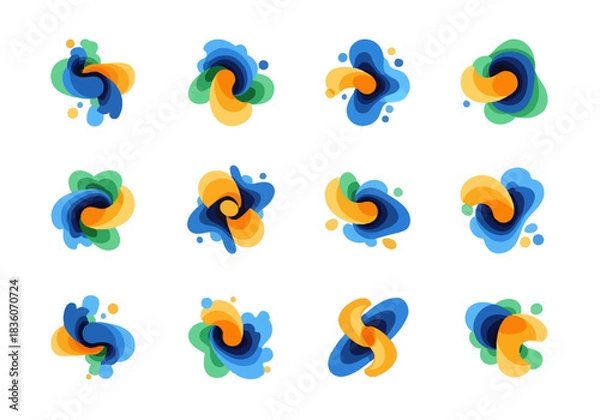 Fototapeta Twelve abstract layered swirl icons in blue green and orange hues on white