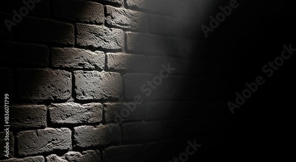 Fototapeta Dramatic spotlight illuminates a textured brick wall creating a stark contrast between light and shadow for atmospheric backgrounds and designs