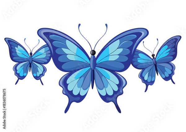 Fototapeta Three exquisite vibrant blue butterflies with meticulously detailed intricate wing patterns showcasing delicate beauty and perfect natural symmetry in graceful flight