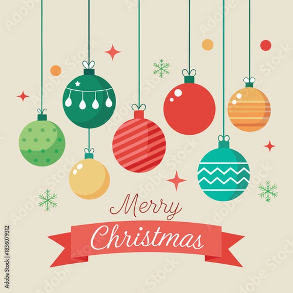 Fototapeta Minimal merry christmas banner design featuring a single hanging ornament with festive red and green colors and classic helvetica and courier fonts