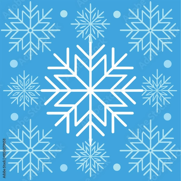 Fototapeta A vibrant cool blue background adorned with a beautiful collection of intricate white snowflakes of varying sizes evoking the serene beauty of winter