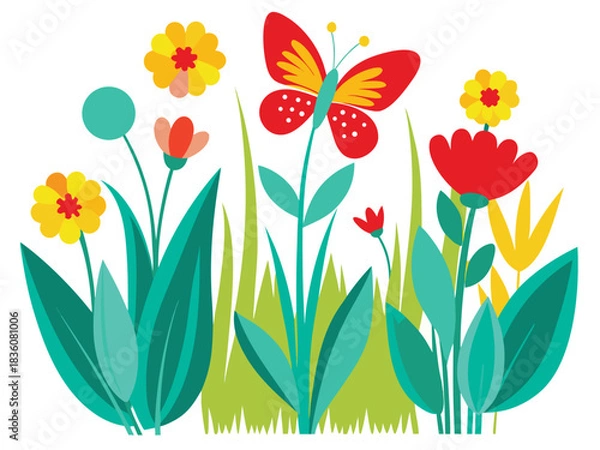 Fototapeta A vibrant butterfly gracefully alights upon a delightful patch of colorful spring flowers surrounded by abundant lush green foliage creating a picturesque natural scene