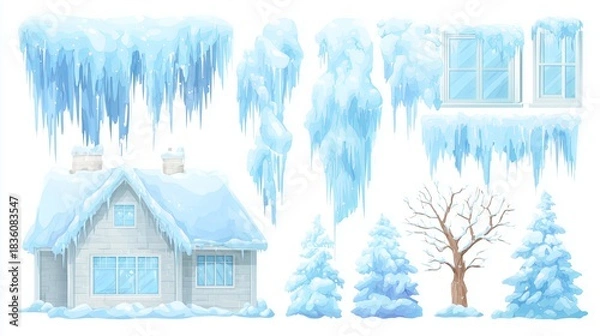 Obraz Winter elements set with icicles, tree branches, window frames, roof edges, white and light blue flat vector illustrations