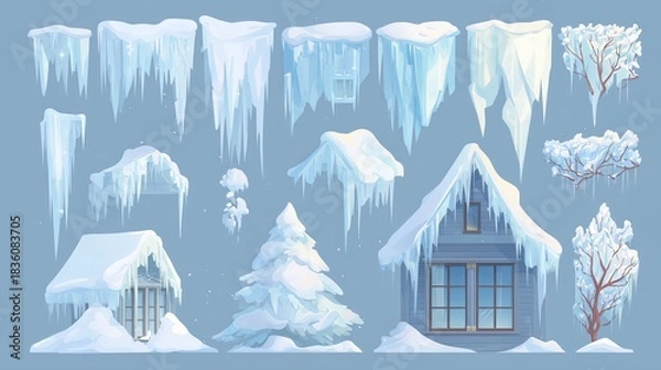 Obraz  Snowy winter elements set with icicles, tree branches, window frames, roof edges, white and light blue flat vector illustrations