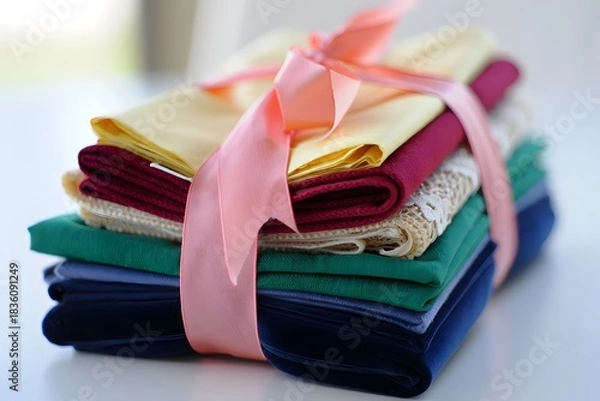 Fototapeta Stack of colorful fabrics tied with a pink ribbon for a decorative gift look