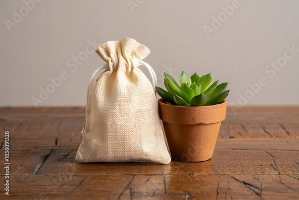 Fototapeta Still life of a small succulent plant next to a drawstring bag on a wooden surface