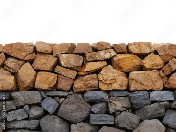 Fototapeta Stone wall with different colored rocks stacked together in an irregular pattern