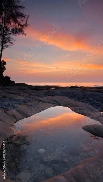 Fototapeta Sunset reflection on a tide pool with a rocky beach and a colorful sky in the background