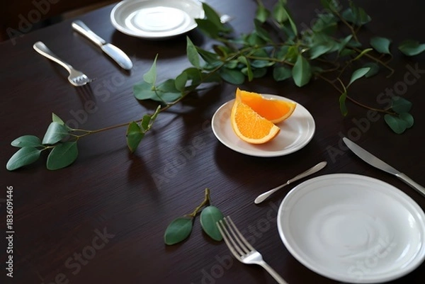 Fototapeta Table setting with orange slices and eucalyptus is elegantly arranged for dining