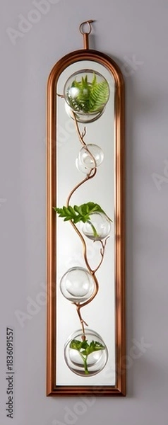 Fototapeta Vertical wall decor featuring glass orbs and greenery in a copper frame design