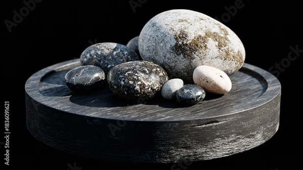 Fototapeta Abstract art featuring pebbles on a black plank atop