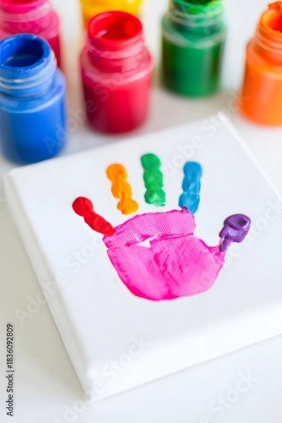 Fototapeta Colorful handprint art project on canvas with paint jars in the background