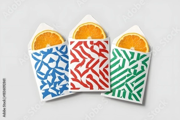 Fototapeta Colorful patterned envelopes with orange slices for a vibrant and refreshing presentation