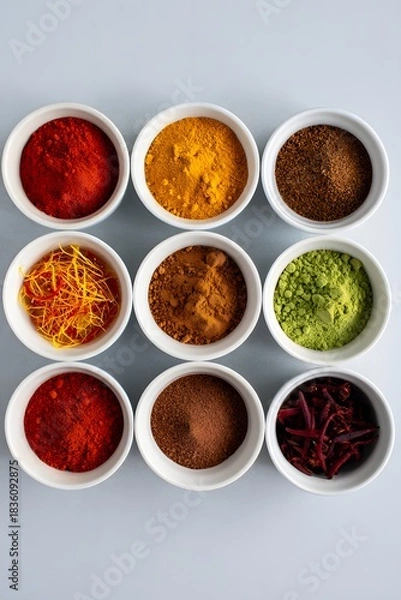 Fototapeta Colorful spices in bowls arranged neatly on a gray surface from above view angle