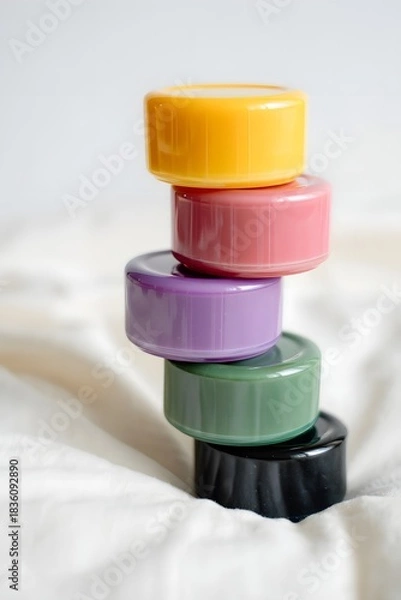 Fototapeta Colorful stacked containers on white fabric creating a visually appealing arrangement and balance