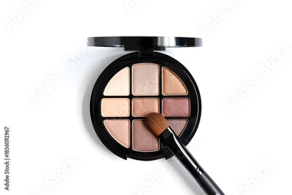 Fototapeta Eye shadow palette with brush on white background for beauty and makeup concepts