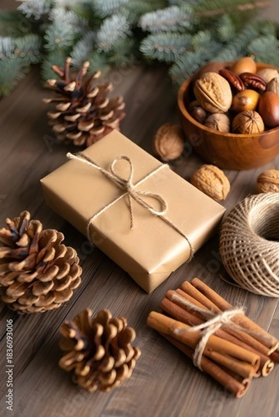 Fototapeta Festive holiday gift with natural elements and rustic charm on wooden surface top view