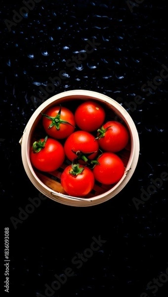 Fototapeta Fresh tomatoes in a bowl on a dark background ready to be eaten or used in cooking now