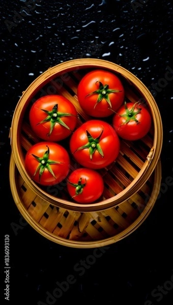 Fototapeta Fresh tomatoes in a bamboo steamer on a dark background with water droplets