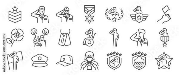 Obraz Veteran Day icon set. It includes soldier, military, honorary, honor, salute, and more icons. Editable Vector Stroke.