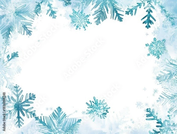 Obraz Christmas snow border frames collection with transparent background, top bottom edges, corner decorations, circular rectangular frames, white snow blue gradients festive clipart  