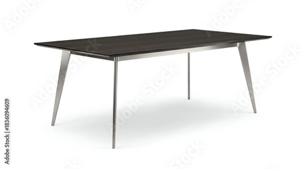 Fototapeta Modern rectangular dining table, dark wood top, angled metal legs, white background