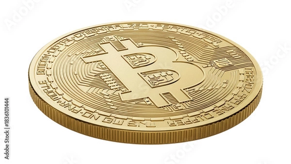 Fototapeta Golden Bitcoin coin isolated PNG, cryptocurrency digital money for investment and finance, decentralized peer-to-peer network, blockchain technology