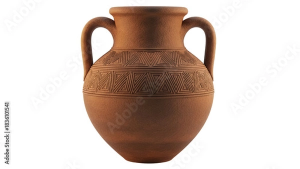 Fototapeta Ornate terracotta amphora PNG isolated on transparent background, ancient Greek vase with handles and geometric pattern, pottery for historical design