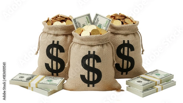 Fototapeta Three burlap sacks full of gold coins and stacks of hundred dollar bills isolated on transparent background, wealth and prosperity concept PNG