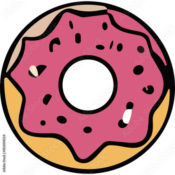 Fototapeta A Close-Up Overhead View of a Pink Frosted Donut with Sprinkles on a Neutral Background, Featuring a Circular Shape and a Hole in the Center with a Simple Cartoonish Style and Vibrant Colors