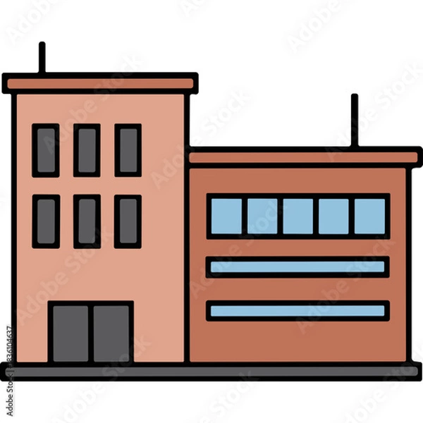 Fototapeta A Flat Illustration of a Two-Story Commercial Building with Pink and Orange Facades and Blue Windows on a Black Background