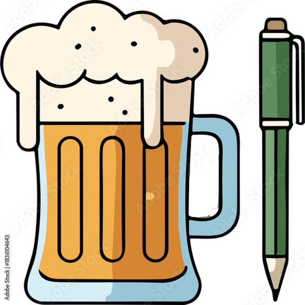 Fototapeta A Frothy Mug of Golden Beer Next to a Green Pen Representing Relaxation and Work Balance