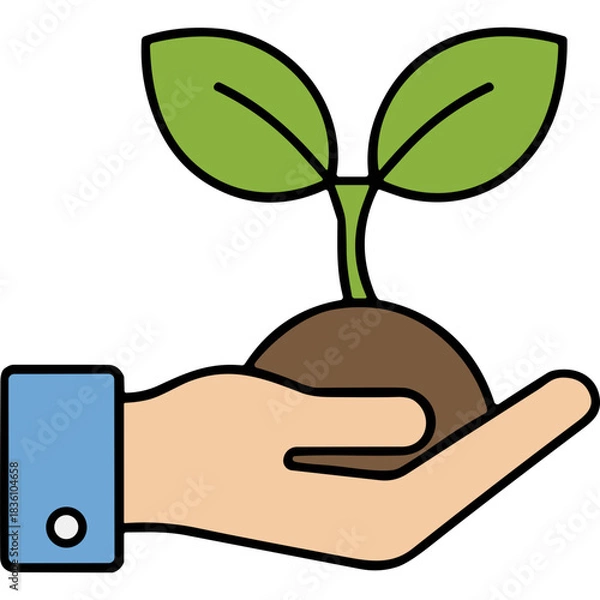Fototapeta A Gentle Hand Cupping a Sprout Growing from Rich Soil Symbolizing New Life Growth and Nurturing with a Light Blue Cuff and White Button on the Sleeve Against a Stark Black Background