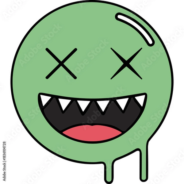 Fototapeta A Green Circle Emoji With X Eyes Wide Open Mouth And Drooping Sides On A Black Background
