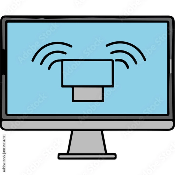 Fototapeta A light blue computer monitor with a stylized screen displaying radiating waves and a simple grey stand against a black background suggesting signal transmission or alert status
